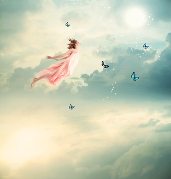 Blonde Girl Flying with Butterflies
